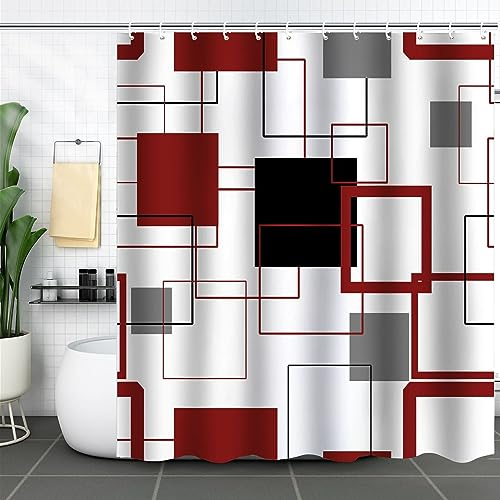 Duschvorhang Muster 180x200, Geometrisches Gittermuster Duschvorhänge für Badezimmer mit C-Ringe aus Polyester, Schwarz Grau Rot