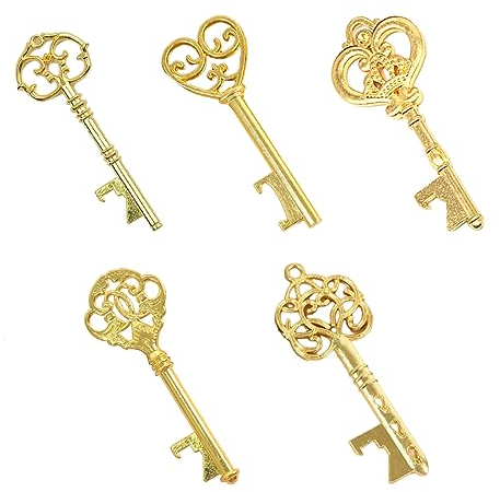 OSUWLSI Apribottiglie Chiave - 5 Pezzi Apribottiglie Chiave Scheletro Vintage con Carta Regalo Kraft e spago per bomboniere Decorazione Rustica Antica per Feste (5 Stili, Gold)