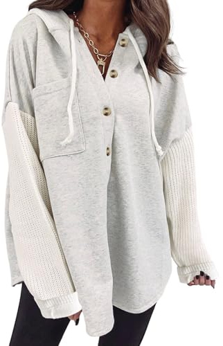 SHEWIN Women Oversized Hooded Sweatshirt Button Hoodies, Grey, Size XL