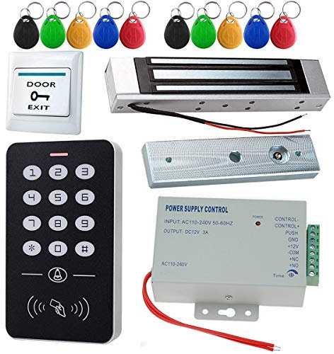jasugKEY Kit de Sistema de Control de Acceso RFID de 125KHz con Cerradura magnética eléctrica de 180KG y Fuente de alimentación DC12V, Cerradura de Puerta Inteligente para Seguridad en el hogar