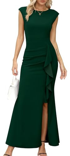 Missufe Abito da donna da ballo, maxi abito da sera, maniche ad ali, cocktail, volant, spacco a sirena, body con matrimonio, verde scuro, S