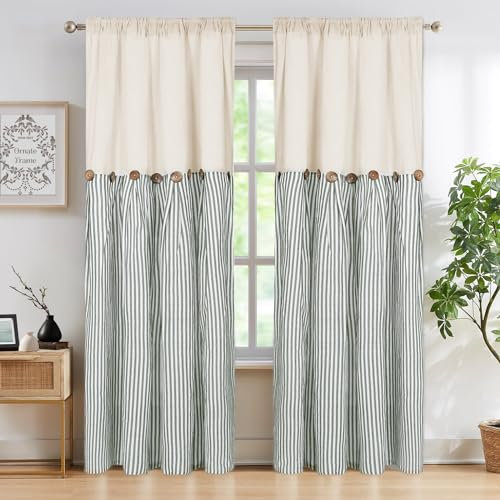 ASPMIZ Baumwoll-Leinen-Vorhänge im Landhausstil, rustikaler Knopfvorhang, Leinen-Fenstervorhang, Paneele, grüne Streifen, Landhausvorhänge für Wohnzimmer, Schlafzimmer, Fenstervorhänge, 132 x 213 cm