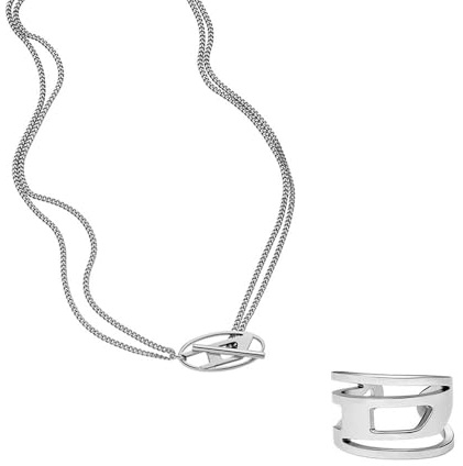 Diesel Herren Silber-Ton Edelstahl Halskette und Ohrringe, Set
