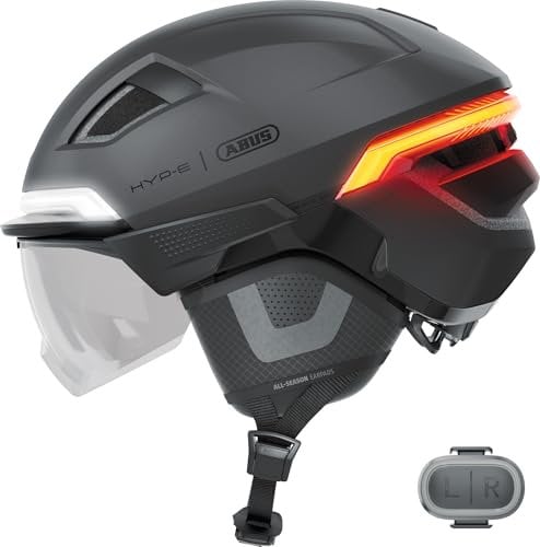 ABUS Fahrradhelm HYP-E ACE - mit Frontlicht, Rücklicht und Blinklicht - mit Visier und Ohrenschützern - geeignet auch für E-Bike und S-Pedelec - für Damen und Herren - Größe M, Grau