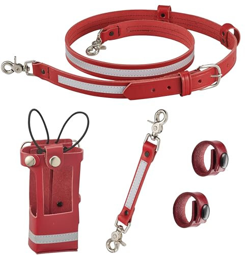 Shield Wallets Firefighter reflektierender Funkgurt und Halter, rotes Leder, Bündel-Set inklusive Radio-Holster mit Chromknöpfen, Gurt, Schwenkgurt, Kordelhalter