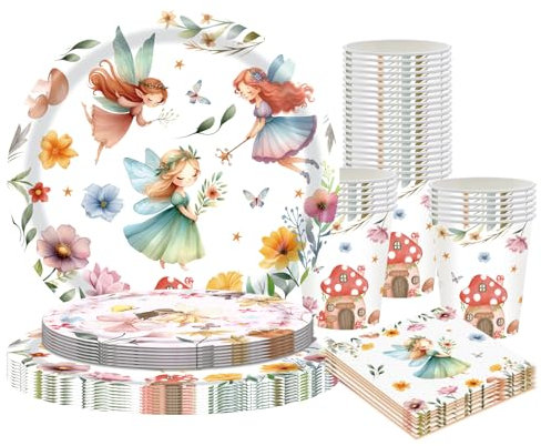 CANCJ 50 Teile Fee Schmetterling Partygeschirr Set,Fee Geburtstag Geschirr Party Deko mit Papier Teller Becher Servietten für Fee Schmetterling Party Kindergeburtstag Fee Partyzubehör Dekoration