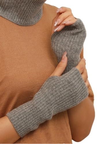 Prettystern Cachemire Donna Uomo Maglia a costine scaldamani guanti senza dita scoperte Manicotti Polsini Cashmere Lana - Grigio medio
