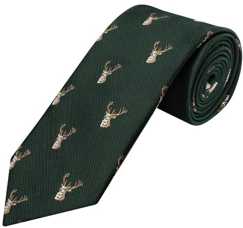 TIES R US Bottle Green Deer Head Classic Men's Tie | Green Animal Print Necktie for men; in polyester.