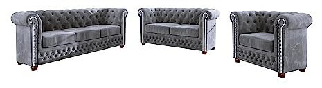 S-Style Möbel Set Sofa 3 Sitzer 2 Sitzer Sessel Couch 3 Stück Massivholzfüße Braun Samtstoff Elegant Gesteppt Freistehend Harwell Grau