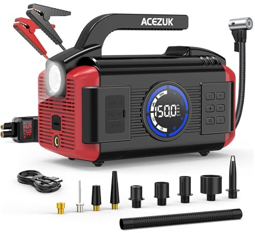 Avviatore di emergenza con compressore,7000A & 150PSI con pompa di gonfiaggio e sgonfiaggio, Avviatore Batteria Auto 11 in 1 (All Gas/12.0L Diesel)), pacco di avviamento di emergenza da 12V(ACEZUK)