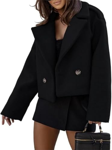 xxxiticat Donna misto lana cropped Trench cappotto Autunno Inverno cappotto a piselli Doppio petto Blazer Giacche cappotto di moda, Nero , S