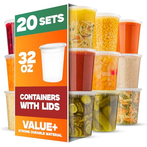 XpressPak 32 oz Deli Containers with Lids [20 Pack] – Leakproof, BPA-Free Food Storage Containers – Microwave, Freezer & Dishwasher Safe – Meal Prep, Leftovers, Takeout, and Soup Bowls