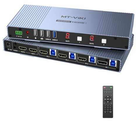 MT-VIKI Seamless 4x2 HDMI Matrix KVM Switch, HDMI+DP KVM Switch for 4 Computers 2 Monitors, 4K@60Hz/2K@144Hz, 3.5mm Audio Ouput, Support Mouse Switching+ Hotkey