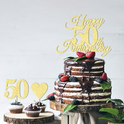 7pcs Golden Glitter Happy 50th Anniversary Cake Toppers - Wedding & Company Anniversary Party Decorations, 50th Birthday Party Decorations Supplies