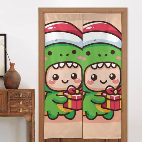 ASKFNASDKMFN Niedliches Weihnachts-Kind-Dino mit Geschenkbox, Türabdeckung, dekoriertes Banner für Neujahrsparty, Dekoration, 86 x 143 cm