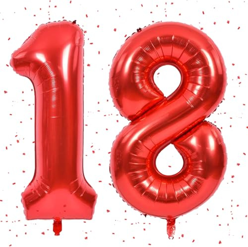 Rot Luftballon 18,Zahlen Luftballon Rot,40 Zoll Folienballon 1&8,Zahlenballon 18 Helium Ballon Luftballon 18 Geburtstag für 18th Geburtstagsdeko Mädchen Junge Jubiläum Party Deko