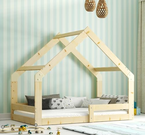Interbeds Hausbett 160x80cm Montessori Kinderbett aus Kiefernholz Bodenbett mit Rausfallschutz Naturton