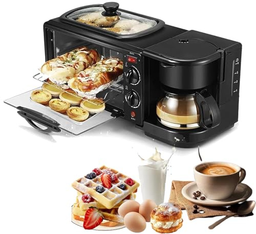 XSDAJSD Estación de Desayuno 3 en 1 (9 L), tostadora con sartén, Temporizador de 30 min y Control de Temperatura, cafetera de 600 ml y Olla de 1,2 L, para Apartamentos y cocinas pequeñas, Color Negro