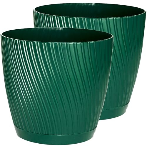 Home Garden Ornaments Large Plant Pots Indoor – Set of 2 with Drainage & Saucer Swing Indoor Plant Pot, Decorative Striped Flower Plastic Planter Design, 5 Colours & 6 Sizes (23cm / 9.1 inch, Green)