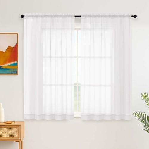 Simplebrand Weiße Transparente Vorhänge für das Schlafzimmer 150 x 137 cm 2 Paneele, Länge für kleine Fenster, UV-beständig, Stangentasche, Einfarbig, Voile-Vorhänge, Fenster