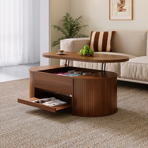 Merax Anhebbarer Couchtisch 110x55,5x40 cm, Höhenverstellbar mit Gebogenen Holzseiten, Ausziehbares Regal, Multifunktionales Wohnzimmermöbel, Stauraum für Snacks, Bücher, Elektronik, dunkle Holzfarbe