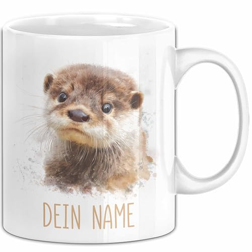 Otter Tasse mit Namen – Personalisierte Kaffeebecher Geschenkidee Tiermotiv Lustiger Becher mit Namen (Weiß)