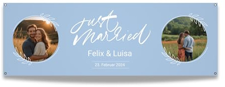 Banner zur Hochzeit selbst gestalten I Just Married I Blau - Blätter I 50cm x 150cm I Personalisierte Just Married Flagge für Paare mit Bildern, Namen und Datum I Deko Fahne
