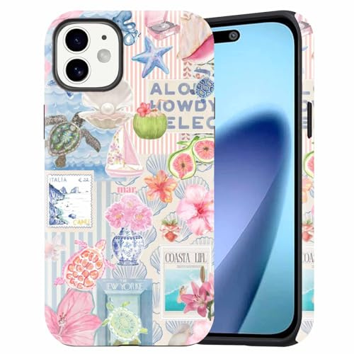 Dahimomo Summer Collage Cute Case for iPhone 11 6.1, 2-in-1 Ocean Striped Print Girly Aesthetic Design Pattern, Shockproof Bumper Slim Protective Cover for Girl Women, Collage D