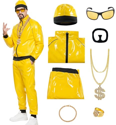 90s Rapper Fancy Dress Costume Accessories Set for Men, 8 Pcs Ali Rapper G Costume Jacket Pant Hat Glasses Gold Chain Bracelet Beard Ring, Celebrity Costume Hip Hop Halloween Stag Carnival Costume