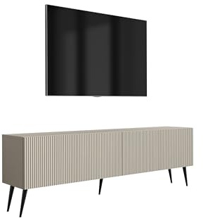 3E 3xE living.com TV-Schrank mit geriffelte Fronten, Kaschmir, Schwarze, schräge Beine, 170 × 32 × 52 cm