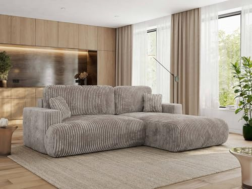MKS MEBLE Ecksofa Wohnlandschaft L-Form mit Schlaffunktion und Bettwäscheschrank, Schlafsofa mit Bettkasten, modernes Sofa OVO L - Rechts - Hellbraun Cord