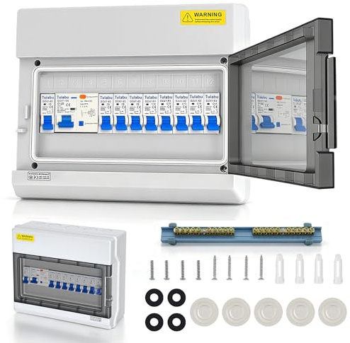 Sicherungskasten Aufputz IP65 mit FI-Schutzschalter, Verteilerkasten Aufputz 125A Hauptschalter, 2x C16A 3x C10A 4x C6A