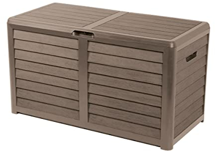 EDA - Malle de Jardin BAYA 420 L - Décor bois - Cadenassable - Poignées de Transport - Anti-étouffement - Anti-UV - Taupe - 117,3 x 54,8 x 65,3 cm