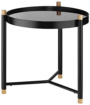 Kela Beistelltisch, Oak, Pulverbeschichtetes Metall mit Eichenholz und Glas, Ø 45 cm, 24267, Schwarz matt