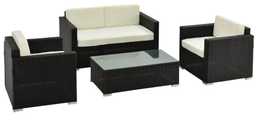 Outsunny 4 Pieces Outdoor PE Rattan Sofa Set with Cushions, Black | Patio Wicker Conversation Furniture Set, Glass Top Coffee Table
