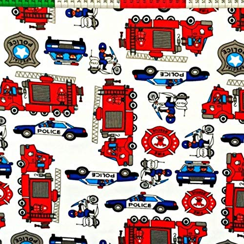 Pingianer 11,99€/m Auto Baufahrzeuge Polizei Feuerwehr 100% Baumwolle Baumwollstoff Kinder Meterware Handwerken Nähen Stoff (Polizei Feuerwehr, 100x160cm (11,99€/m))