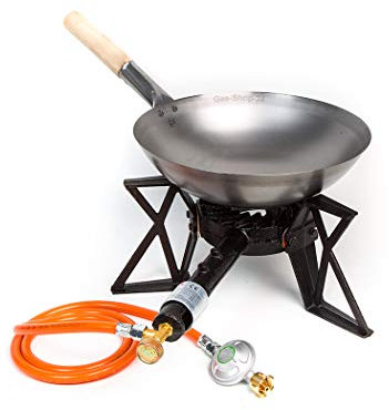Wokbrenner Set/Gaskocher 7,5KW mit Gasschlauch + Druckminderer + 33 cm Stahl Asia-Wokpfanne mit Holzgriff (Gusseisen Hockerkocher, Asia Kocher, Gastrokocher, Gasherd, Campingkocher für Wok)