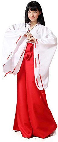 Women's White Kimono Red Hakama Pants Outfit Japanese Anime Kikyo Miko Kimono Cosplay Halloween Witch Costume - Red - Medium