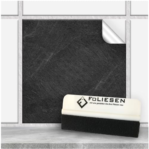 FoLIESEN - Fliesenaufkleber 15x15 cm | selbstklebende Fliesen-Folie für Bad & Küche | Klebe-Folie für Wandfliesen & Küchenrückwände | 100 Klebefliesen + Rakel, .:Black Slate - 15x15 cm