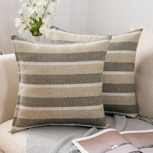 MIULEE 2er Set Streifen Kissenbezüge Kissenhülle Leinenoptik Sofakissen Dekorative Kissenbezug Dekokissen Deko Couchkissen Bezug für Sofa Büro Couch Schlafzimmer Wohnzimmer 50x50 cm Khaki