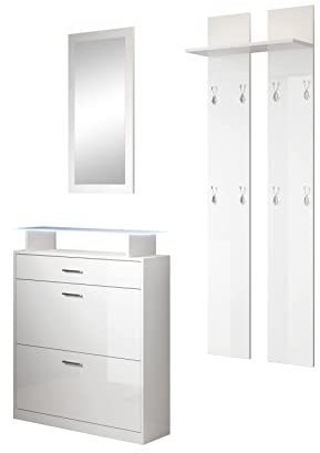 MB Muebles Bonitos, Ensemble Meuble d’Entrée Paola Set avec Meuble à Chaussures, Miroir, Porte-Manteau, Lumière LED, Design Moderne, Mélamine Brillante, Couleur Blanc