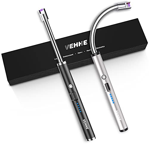 VEHHE Candle Lighter, 2 Pack Rechargeable Electric Lighter with LED Battery Display Safety Switch, Flexible Neck USB Lighter for Candles Camping Grill Gas Stoves Cooking (Black and Silver)