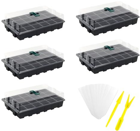 Danolt 5 Pack 120 Cell Seed Trays for Seedlings, Propagators, Seed Trays with Lids, Includes 10 Pcs Plant Labels and 2 Pcs Tools