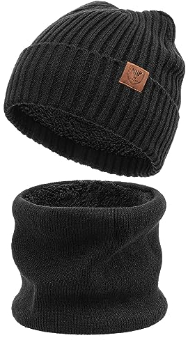 OZERO 2 in 1 Winter Strickmütze Schal Set,warmes kaltes Proof Fleece für Männer und Frauen Schwarz/Grau