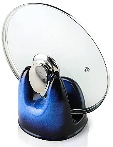 Nihow Pot Lid Stand: Stable Pan Cover Lid Stand for Kitchen Countertop - Heat Resistant Pot Lid Holder - Ceramic Holders Spone/Cutting Board/Cookbook/Tablet/Utensils - Elegant Blue