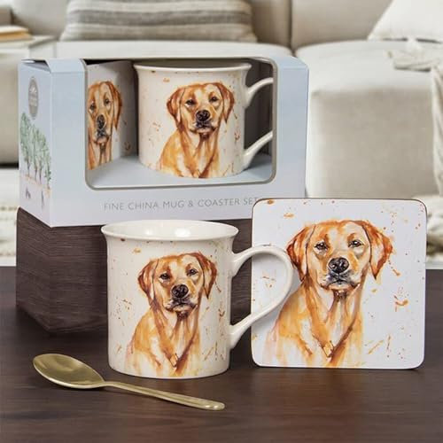 lesser and pavey LP34097 Ceramic Mug & Coaster | Golden Labrador design | Set of 2 Tableware, Gold