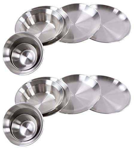 Stainless Steel Camping Plates and Bowls set, 12PCS Portable Tableware Cookware with Storage Bag, 3.5inch to 9.1 inch, Camping Dish Set for Backpacking, Camping, Hiking, Beach,Outdoor
