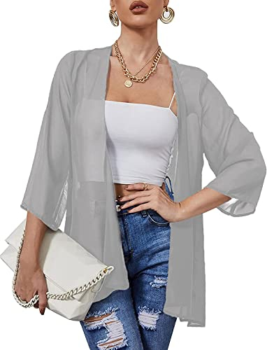 Heynino Damen durchsichtig Chiffon Casual Kimono Cover up Top Leichte Strandjacke Bluse Schal Grau XL