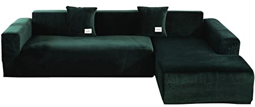 ele ELEOPTION Sofa Überzug Samt Stretch Sofabezug 2er Set 3 Sitzer Verdickung Couchbezug für L Form Sofa Ecksofa inkl. 4 Stücke Kissenbezug (pur Dunkelgrün)