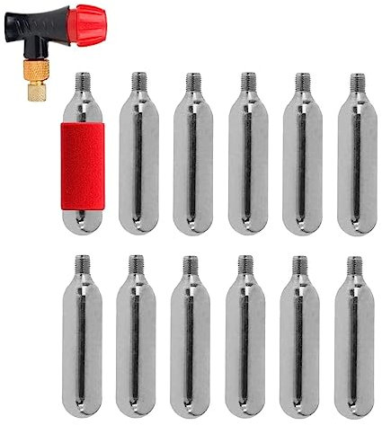 Pack 12 x 16gr CO2 Threaded Cartridges with Inflator for Road and Mountain Bike Bikes Bicycle Presta and Schrader Valve Compatible Tire Pump Kit